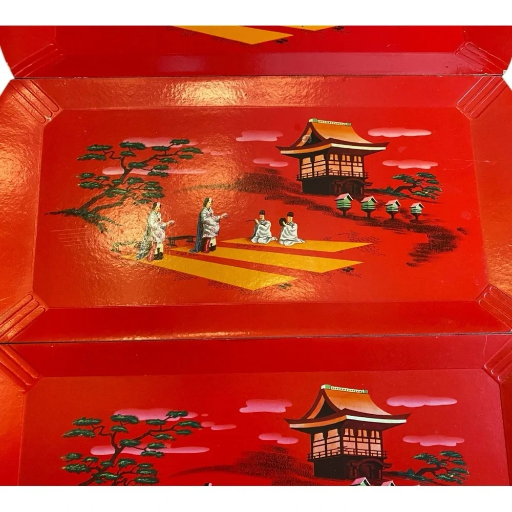 Vintage Hasko Deluxe Lap Trays Red Asian Pagoda Scene MCM Set of 4